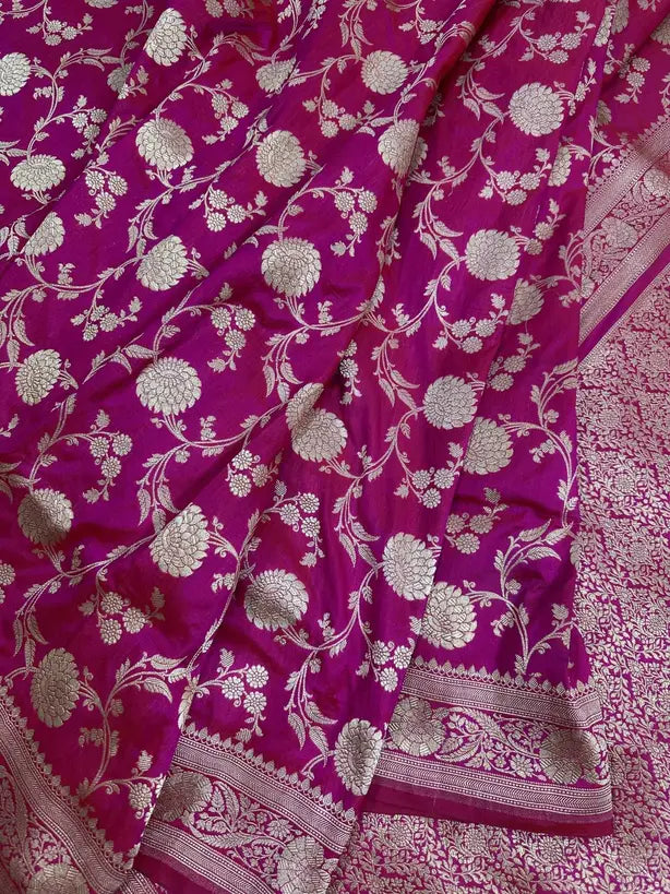 Rani Pink Pure Katan Silk Jaalwork Banarasi Saree Real Gold Silver Zari Handwoven - Katan Banaras