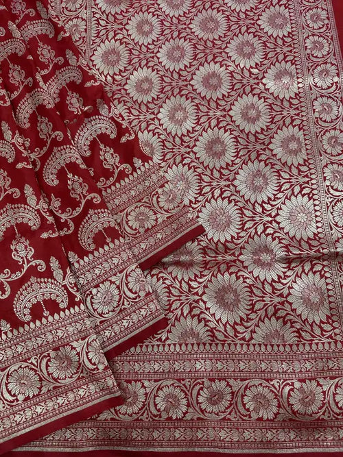Bridal Red Pure Katan Silk Jaalwork Banarasi Saree with Sona Rupa Zari - Handcrafted Luxury