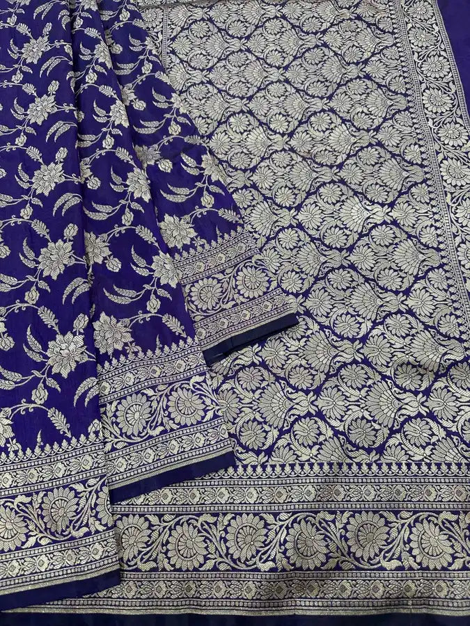 Navy Blue Pure Katan Silk Jaalwork Banarasi Saree Handloom Handwoven Festive - Katan Banaras