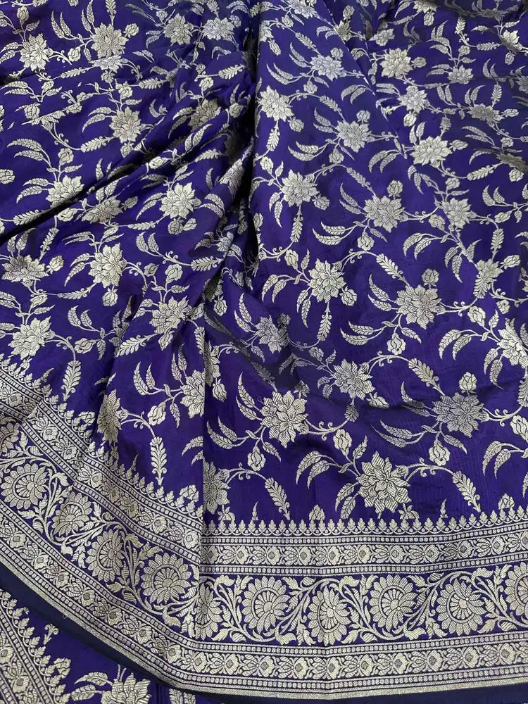 Navy Blue Pure Katan Silk Jaalwork Banarasi Saree Handloom Handwoven Festive - Katan Banaras
