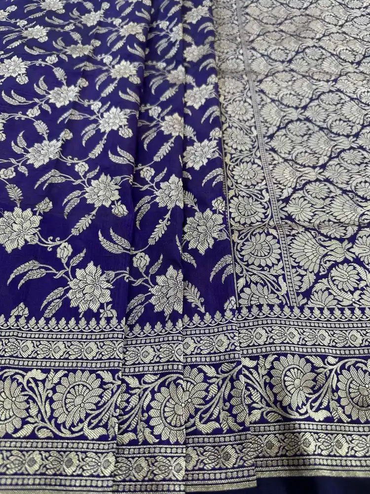 Navy Blue Pure Katan Silk Jaalwork Banarasi Saree Handloom Handwoven Festive - Katan Banaras