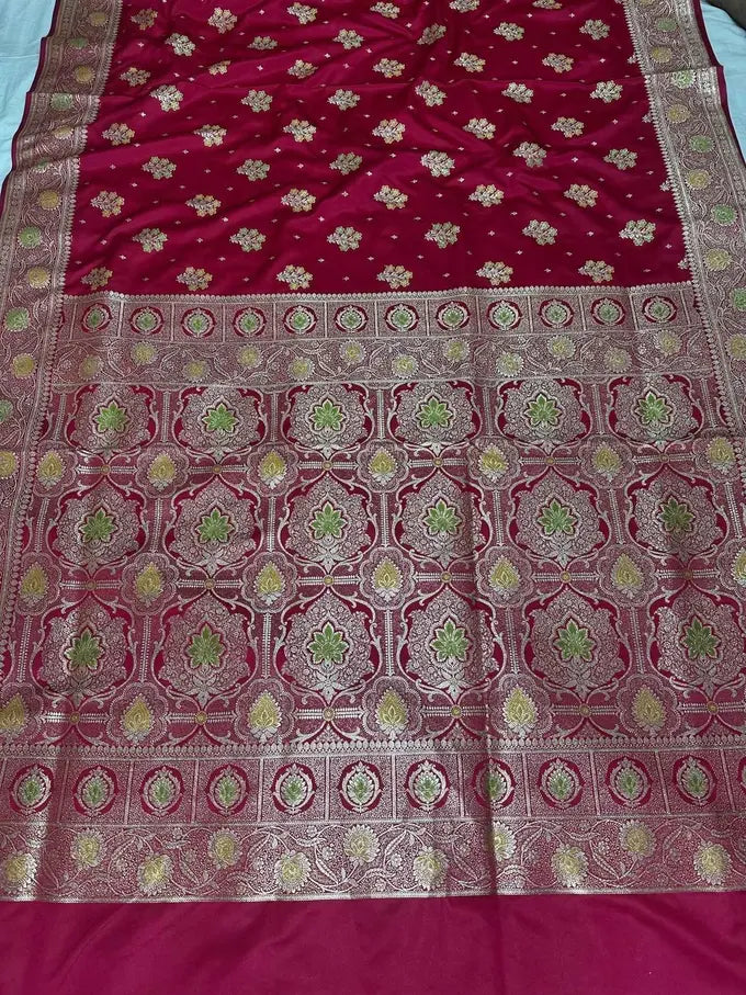 Bridal Red Dual-Tone Satin Silk Banarasi Saree with Designer Zari and Mughal-Inspired Aanchal