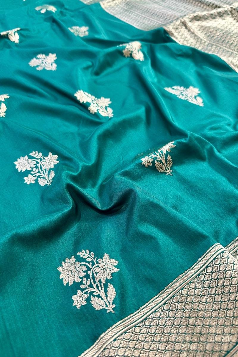 Teal Green Pure Katan Silk Banarasi Kadhwa Buta Handloom Ektara Weaved Saree