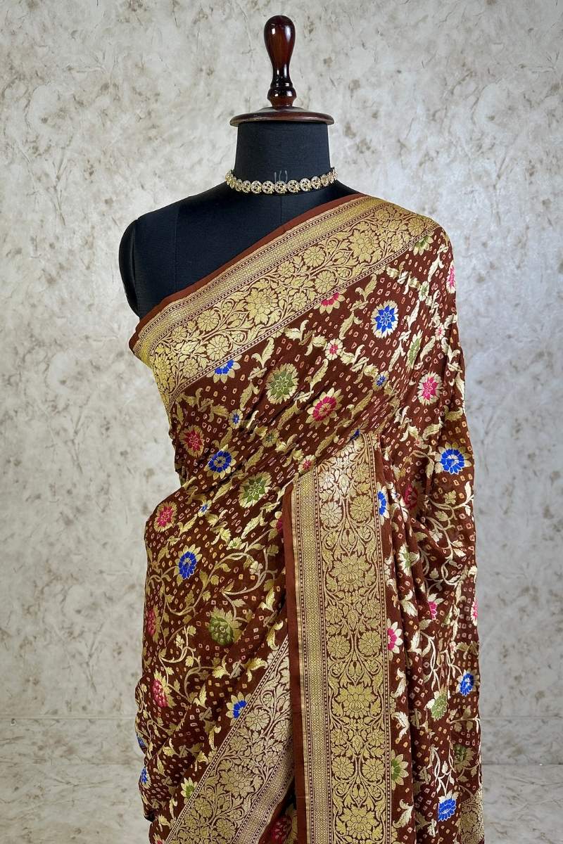 Coffee Brown Pure Khaddi Georgette Bandhani Saree with Tilfi Minakari work