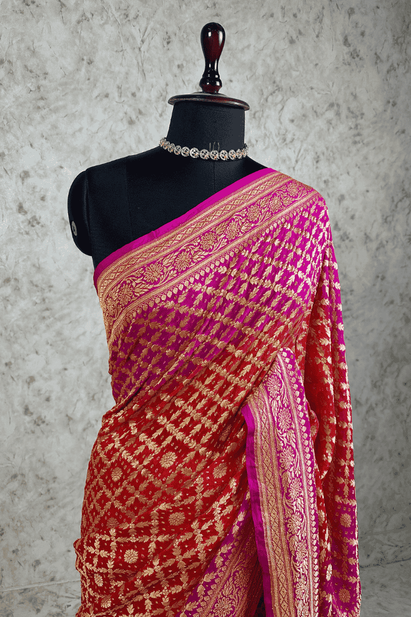 Rani Pink-Crimson Red-Magenta Tri-Color Pure Khaddi Georgette Bandhani Saree with Banarasi Zari Border