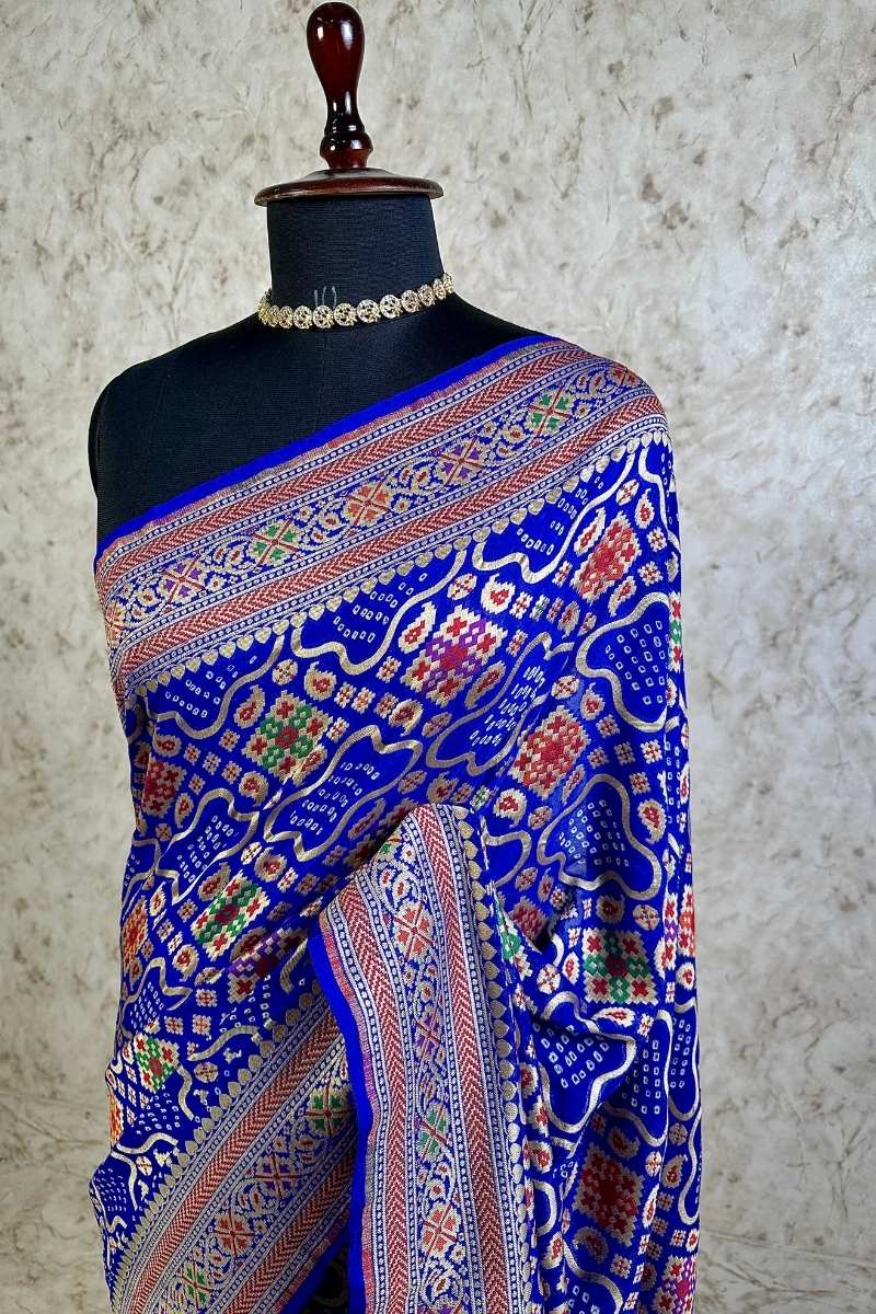 Royal Blue Pure Khaddi Georgette Bandhani Saree with Tilfi Minakari & Banarasi Craftmenship