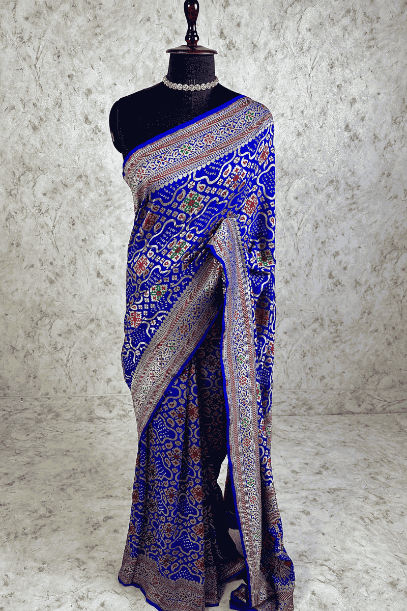 Royal Blue Pure Khaddi Georgette Bandhani Saree with Tilfi Minakari & Banarasi Craftmenship