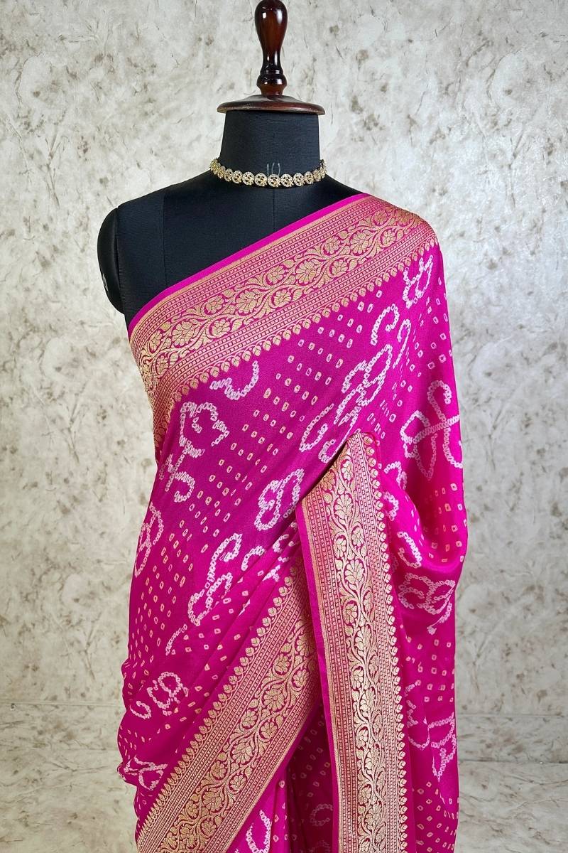Bright Pink Pure Khaddi Georgette Bandhani Saree with Banarasi Zari Border