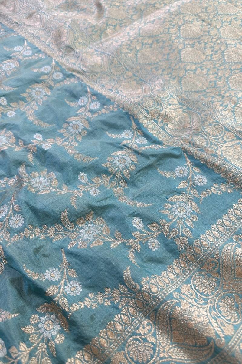 Luxurious Pastel Green Banarasi Silk Saree with Real Gold and Silver Zari
