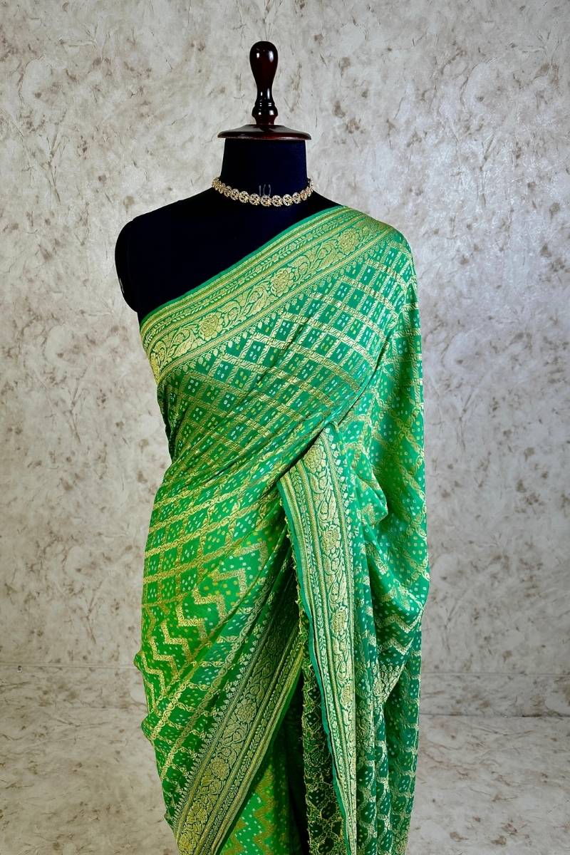 Natural Green Pure Khaddi Georgette Bandhani Saree Banarasi