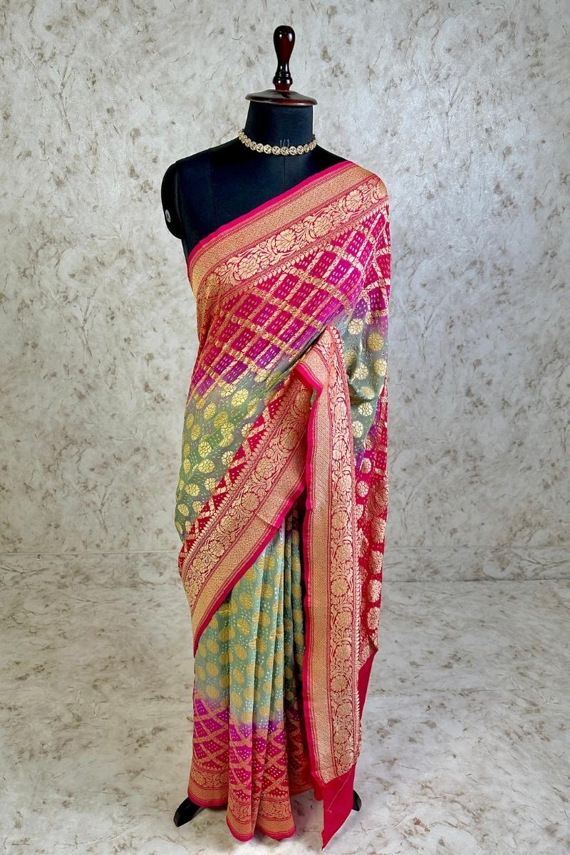 Pure Khaddi Georgette Bandhani Saree with Banarasi Zari Border & Rani Pink Teal Blue shade