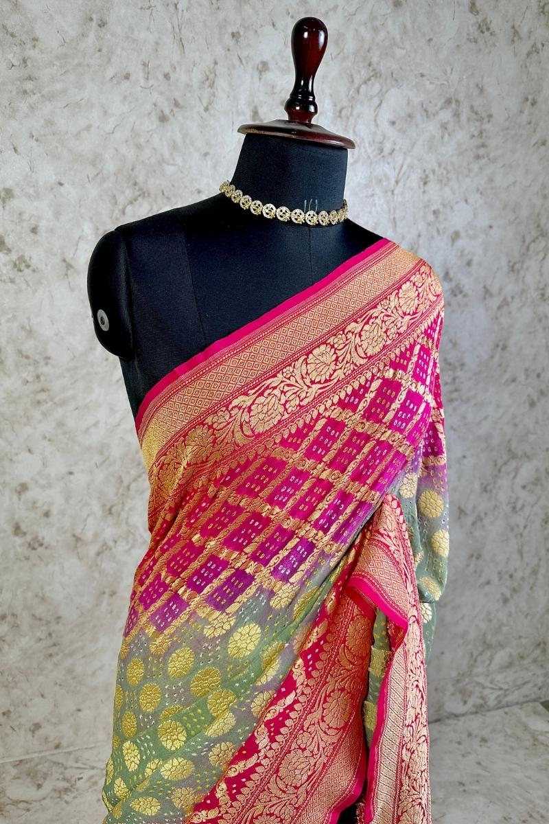 Pure Khaddi Georgette Bandhani Saree with Banarasi Zari Border & Rani Pink Teal Blue shade