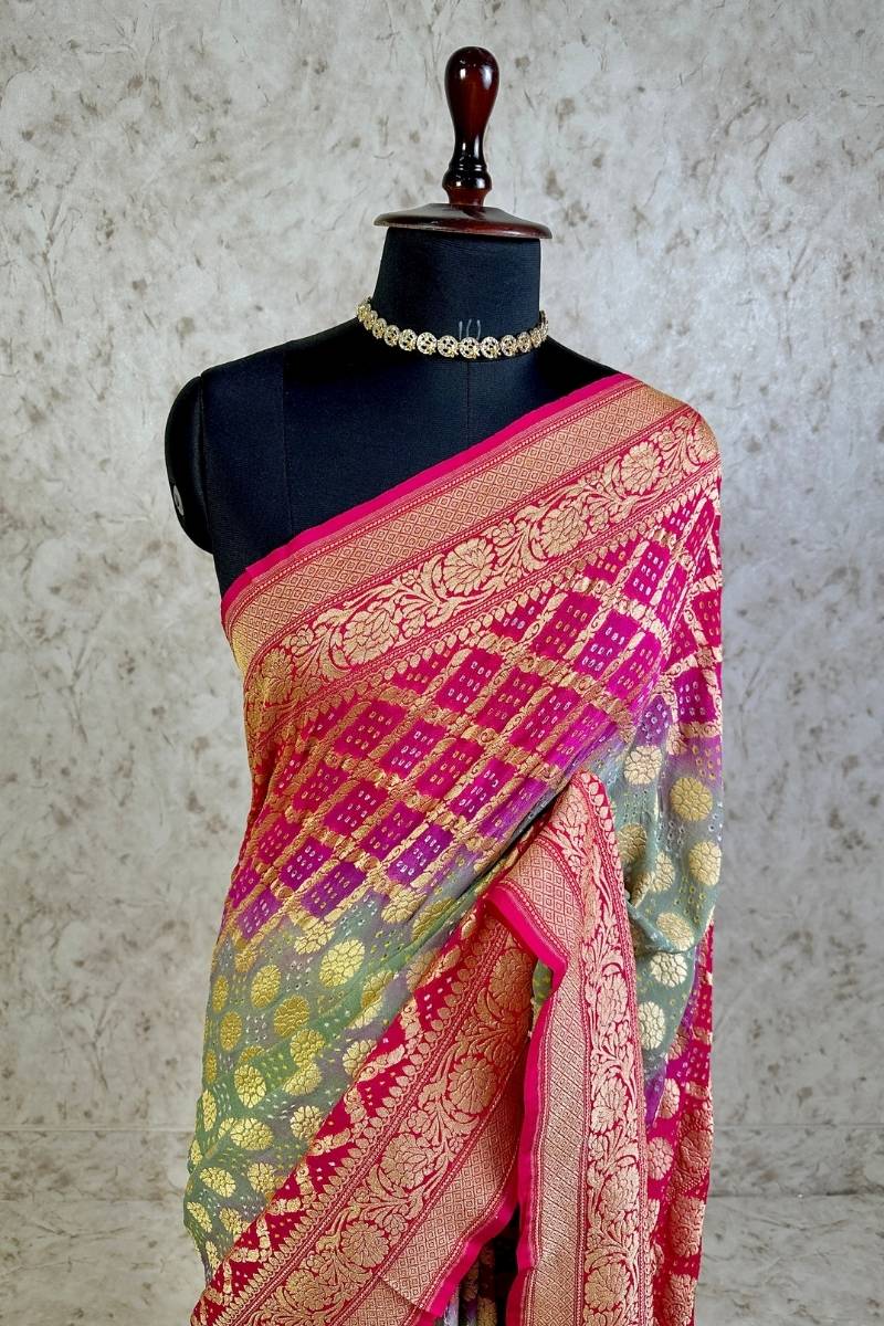 Pure Khaddi Georgette Bandhani Saree with Banarasi Zari Border & Rani Pink Teal Blue shade