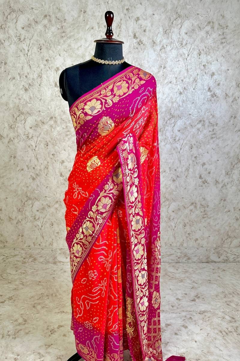 Dual Shaded Bright Vermilion Red-Deep Magenta Pure Khaddi Georgette Bandhani Saree with Banarasi Zari Border