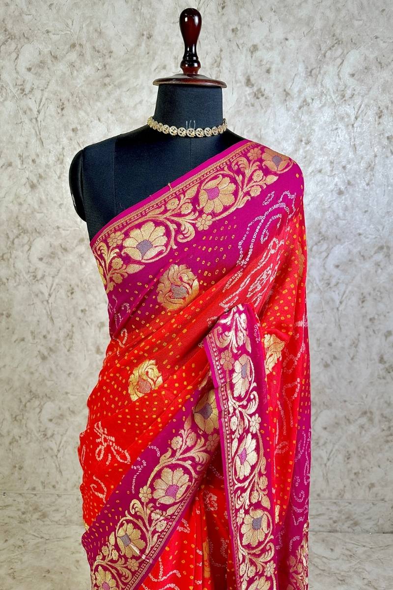 Dual Shaded Bright Vermilion Red-Deep Magenta Pure Khaddi Georgette Bandhani Saree with Banarasi Zari Border