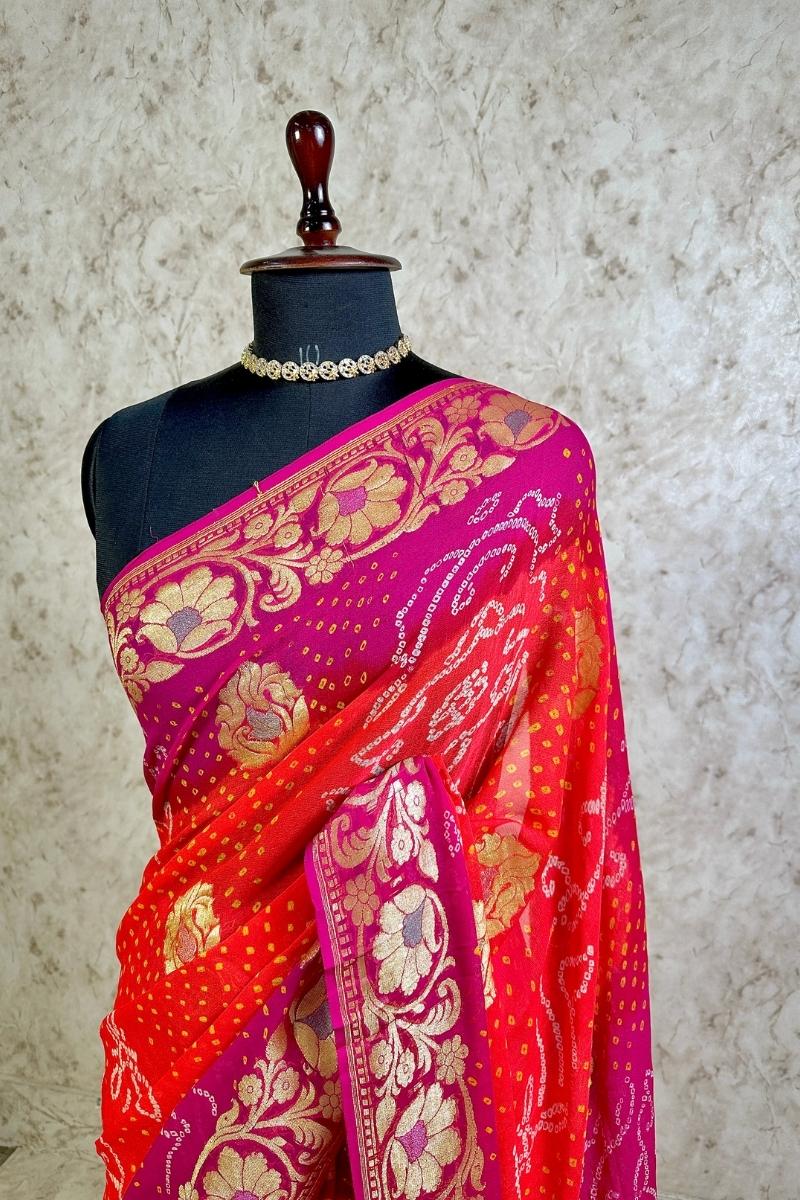 Dual Shaded Bright Vermilion Red-Deep Magenta Pure Khaddi Georgette Bandhani Saree with Banarasi Zari Border