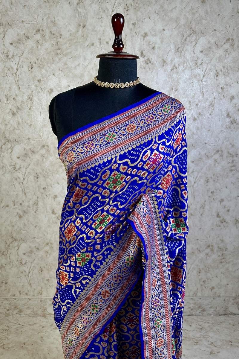 Royal Blue Pure Khaddi Georgette Bandhani Saree with Tilfi Minakari & Banarasi Craftmenship