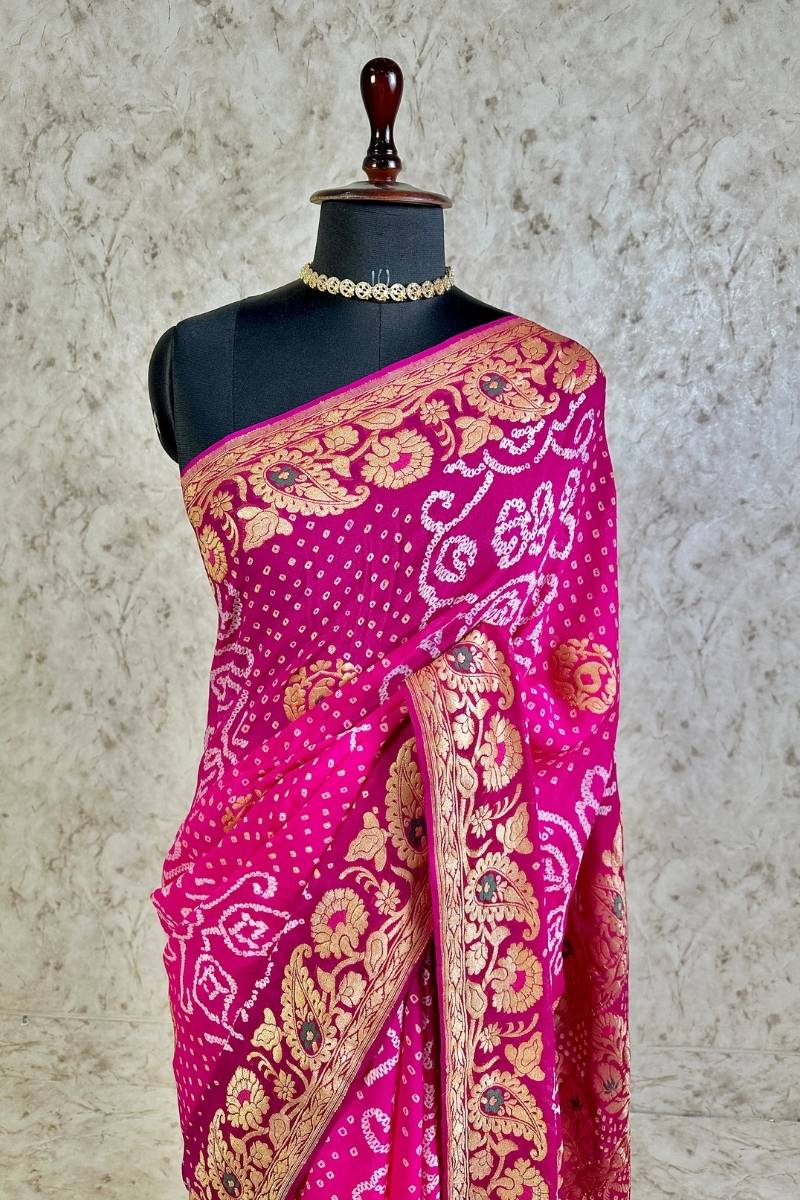 Rani Pink Magenta Pure Khaddi Georgette Bandhani Saree