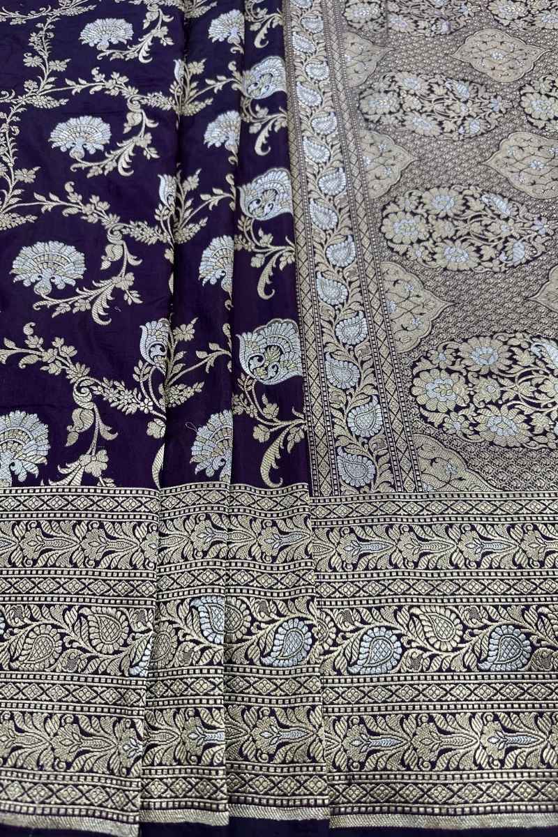 Dark Purple Pure Katan Silk Handloom Banarasi Saree Gold Silver Zari Sona Rupa - Katan Banaras