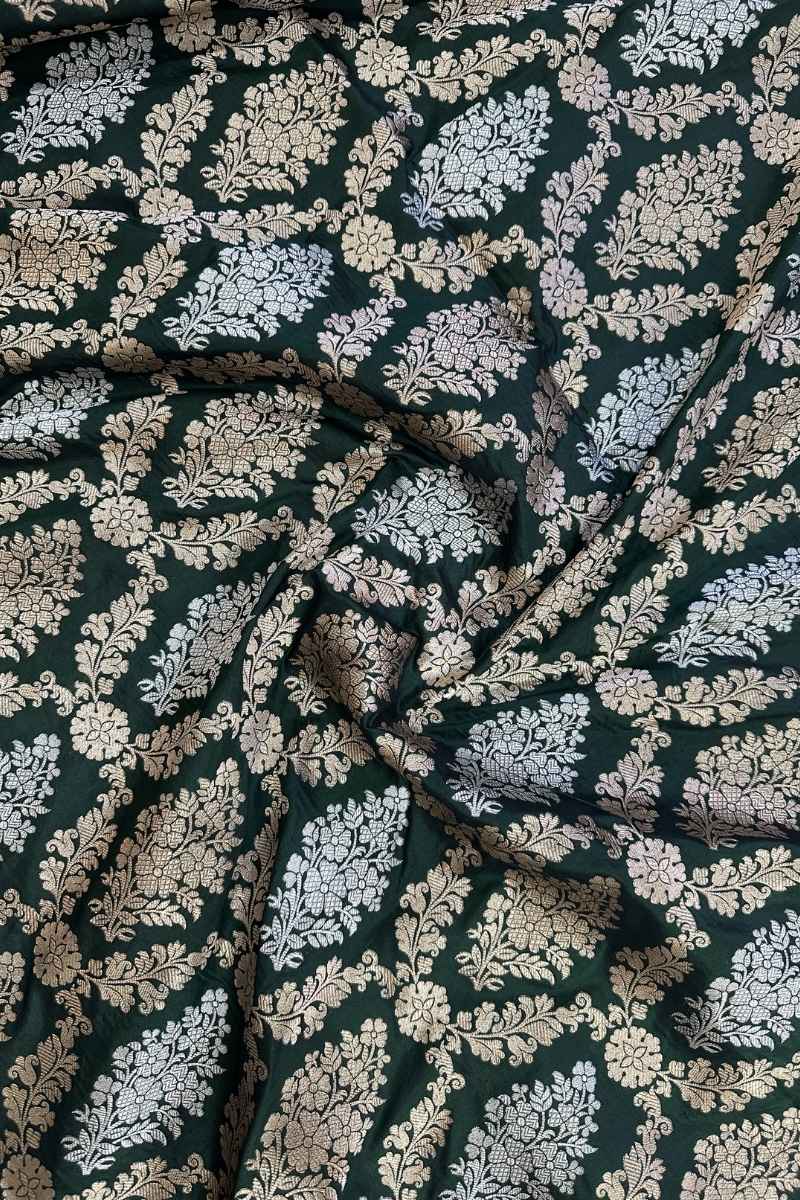 Pure Katan Silk Banarasi Saree - Bottle Green, Gold & Silver Zari Weave, Handcrafted