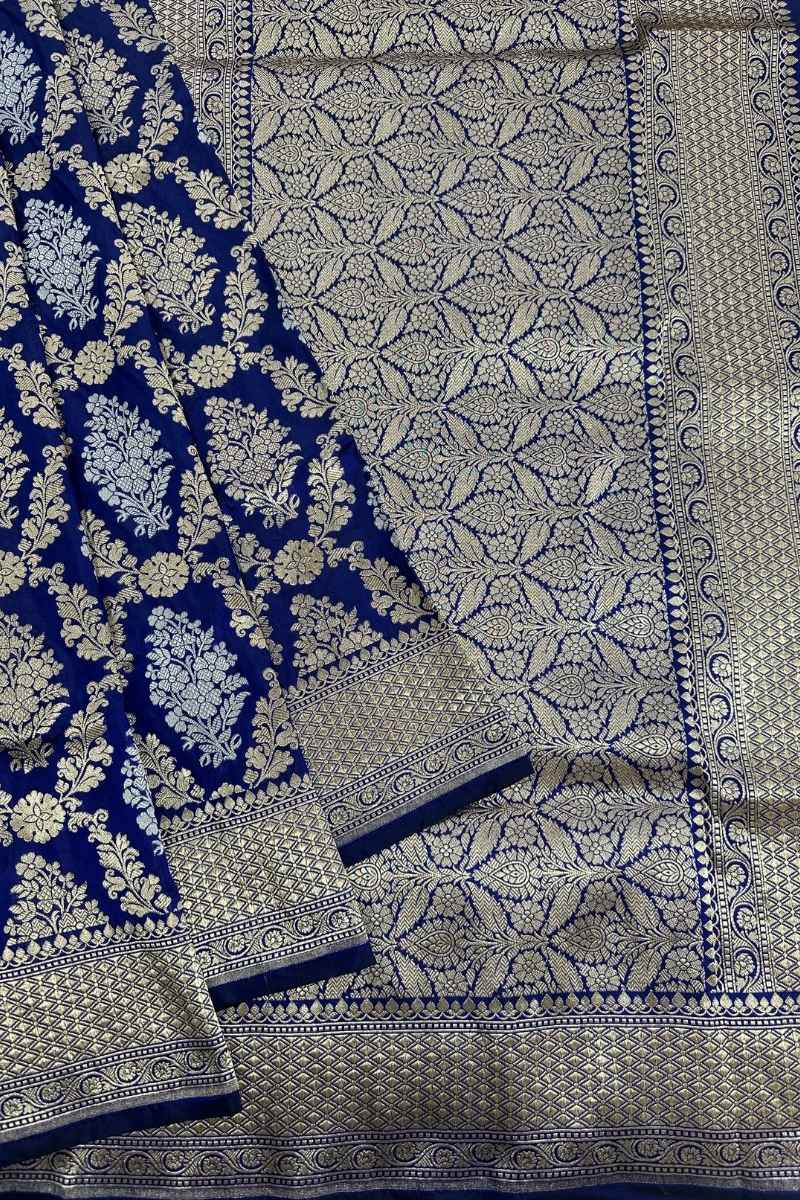 Royal Blue Pure Katan Silk Banarasi Saree Real Gold Silver Sona Rupa Zari - Katan Banaras