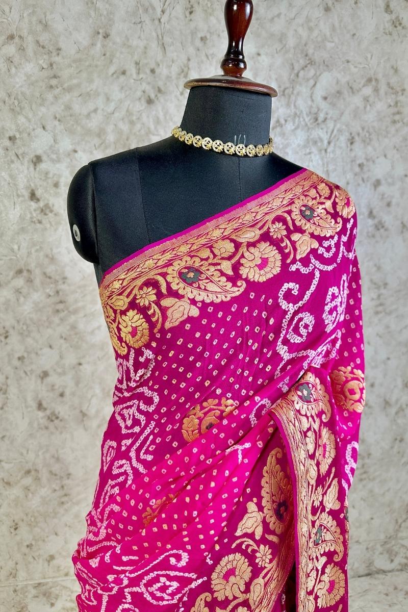Rani Pink Magenta Pure Khaddi Georgette Bandhani Saree