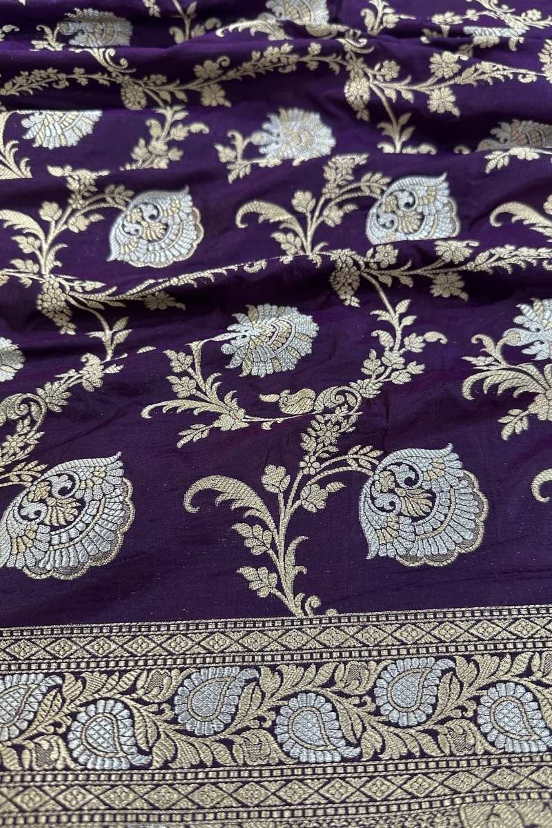 Dark Purple Pure Katan Silk Handloom Banarasi Saree Gold Silver Zari Sona Rupa - Katan Banaras