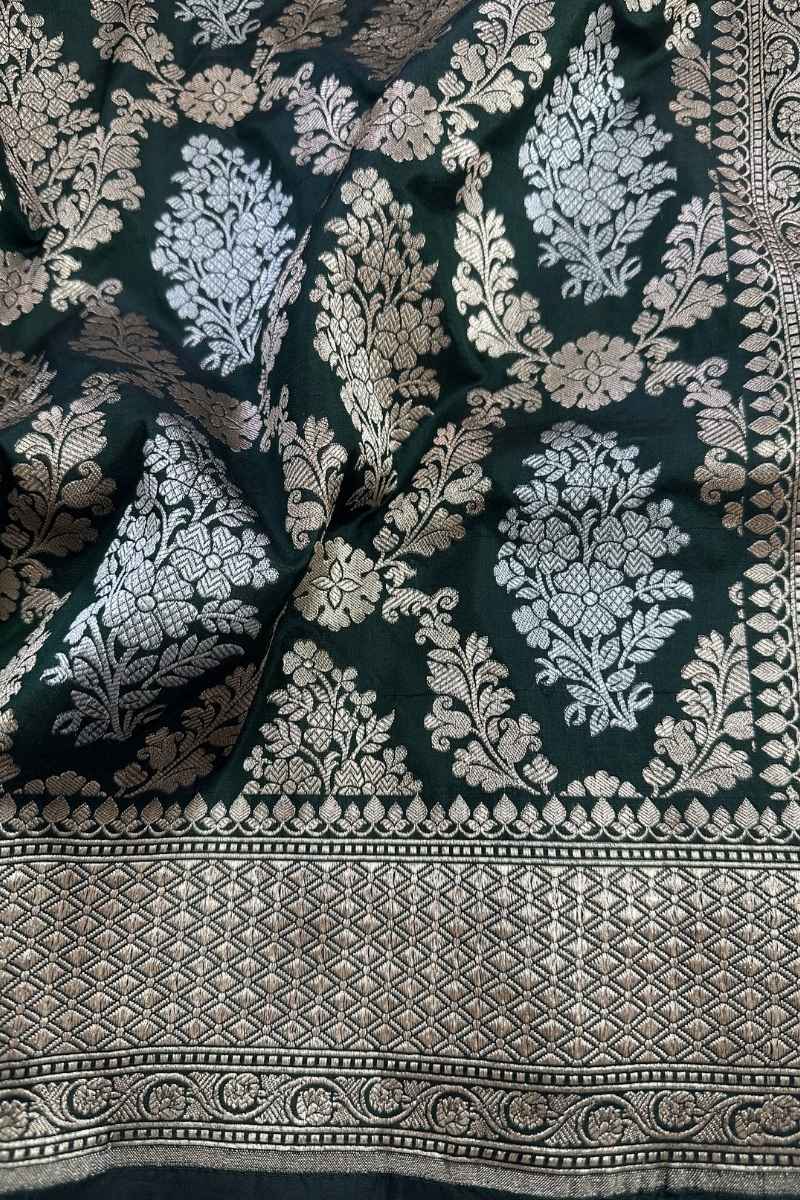 Pure Katan Silk Banarasi Saree - Bottle Green, Gold & Silver Zari Weave, Handcrafted