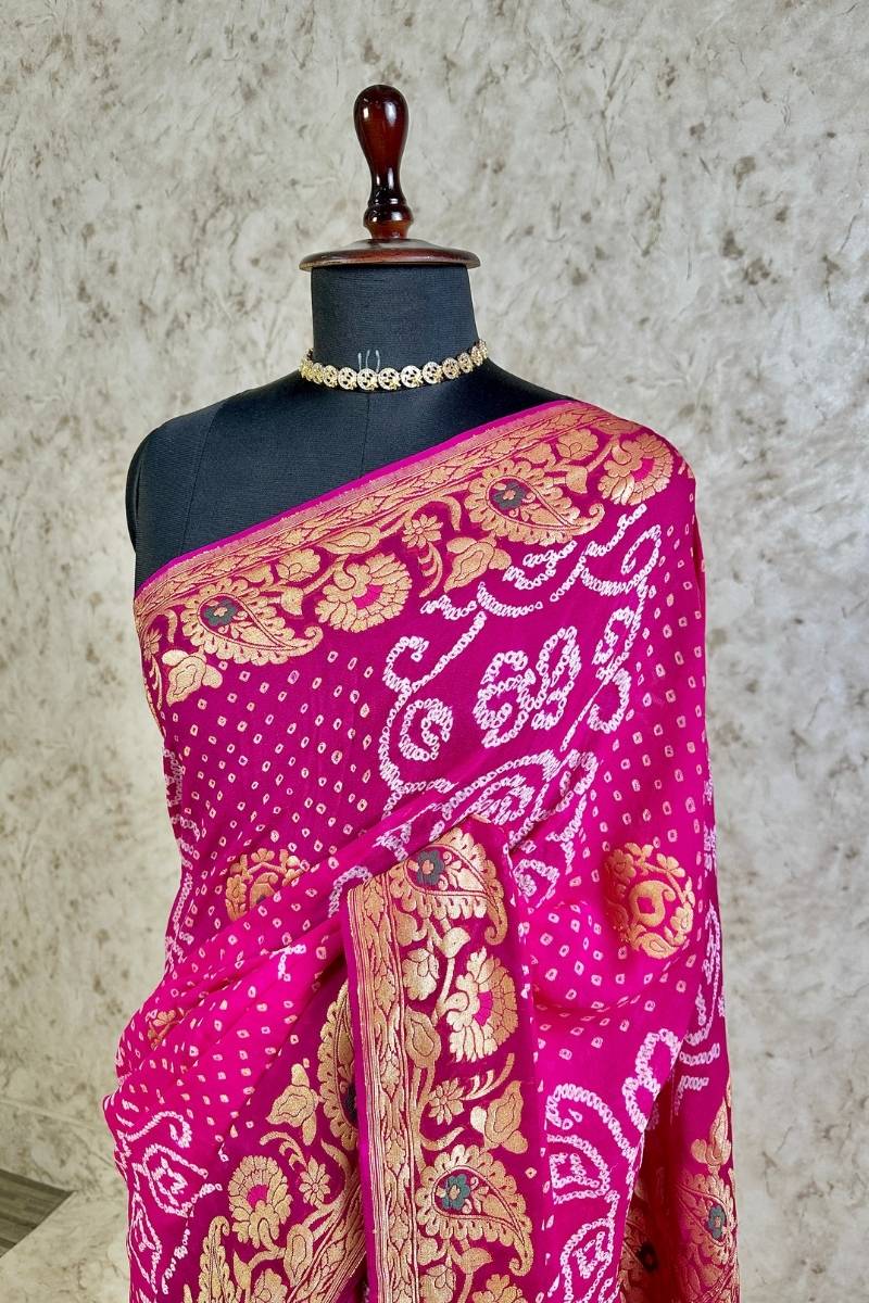 Rani Pink Magenta Pure Khaddi Georgette Bandhani Saree