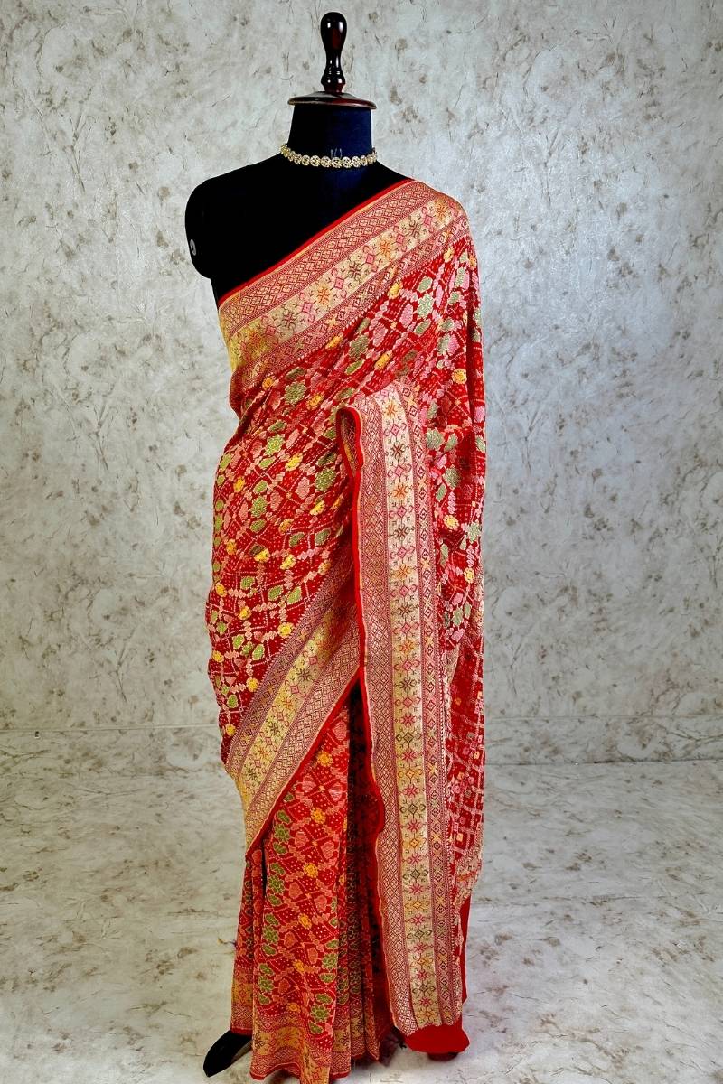Crimson Red Pure Khaddi Georgette Bandhani Saree with Tilfi Minakari & Banarasi Zari Border