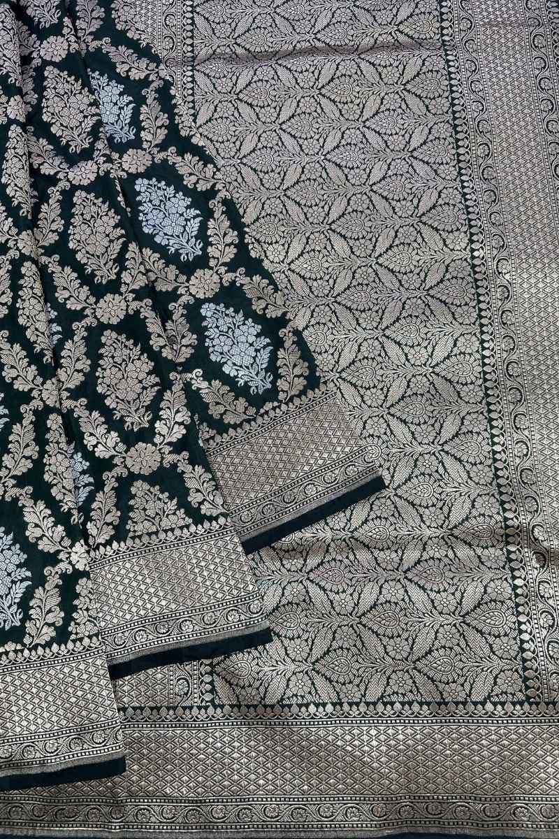 Pure Katan Silk Banarasi Saree - Bottle Green, Gold & Silver Zari Weave, Handcrafted