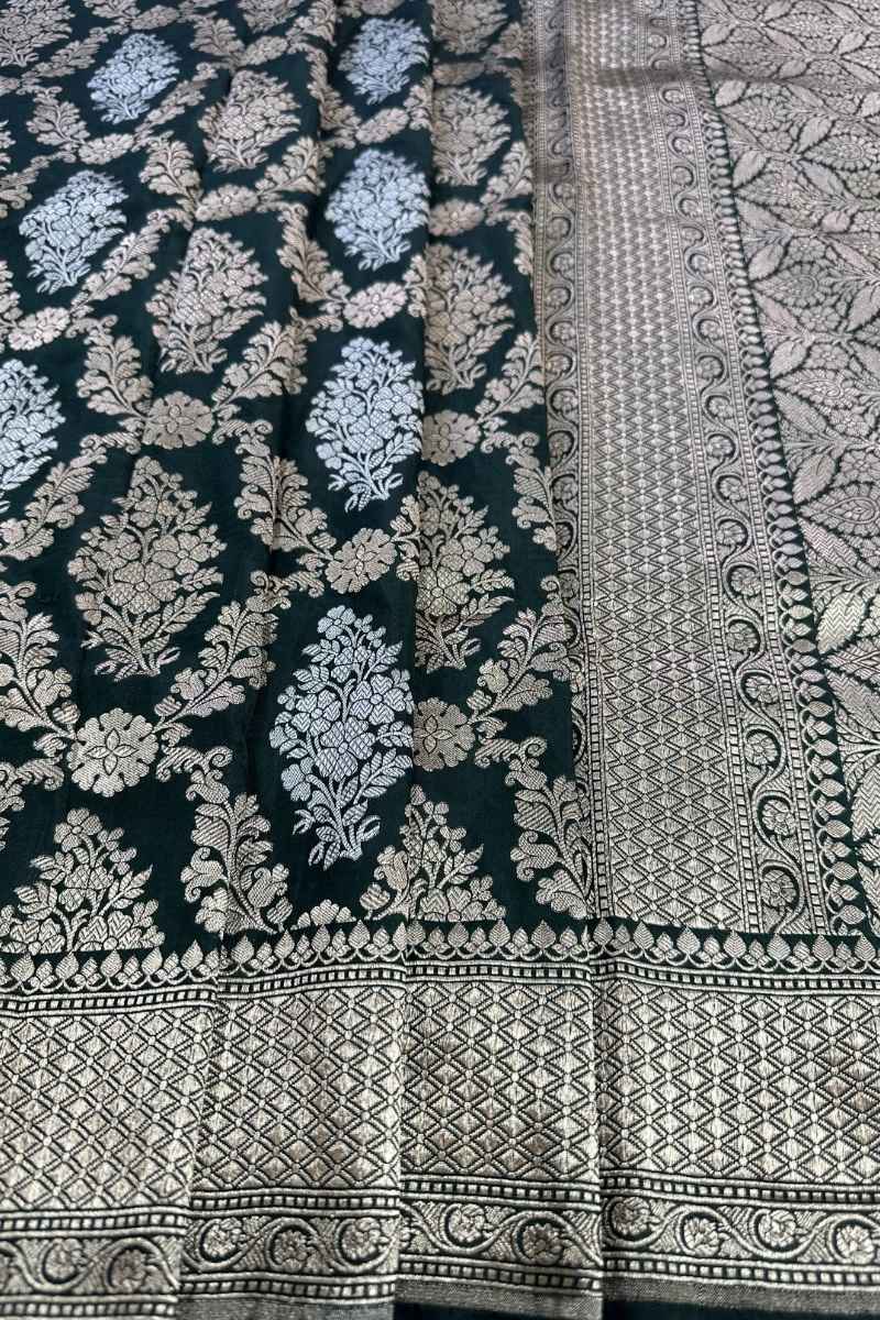 Bottle Green Pure Katan Silk Banarasi Saree Gold Silver Zari Handcrafted Sona Rupa - Katan Banaras