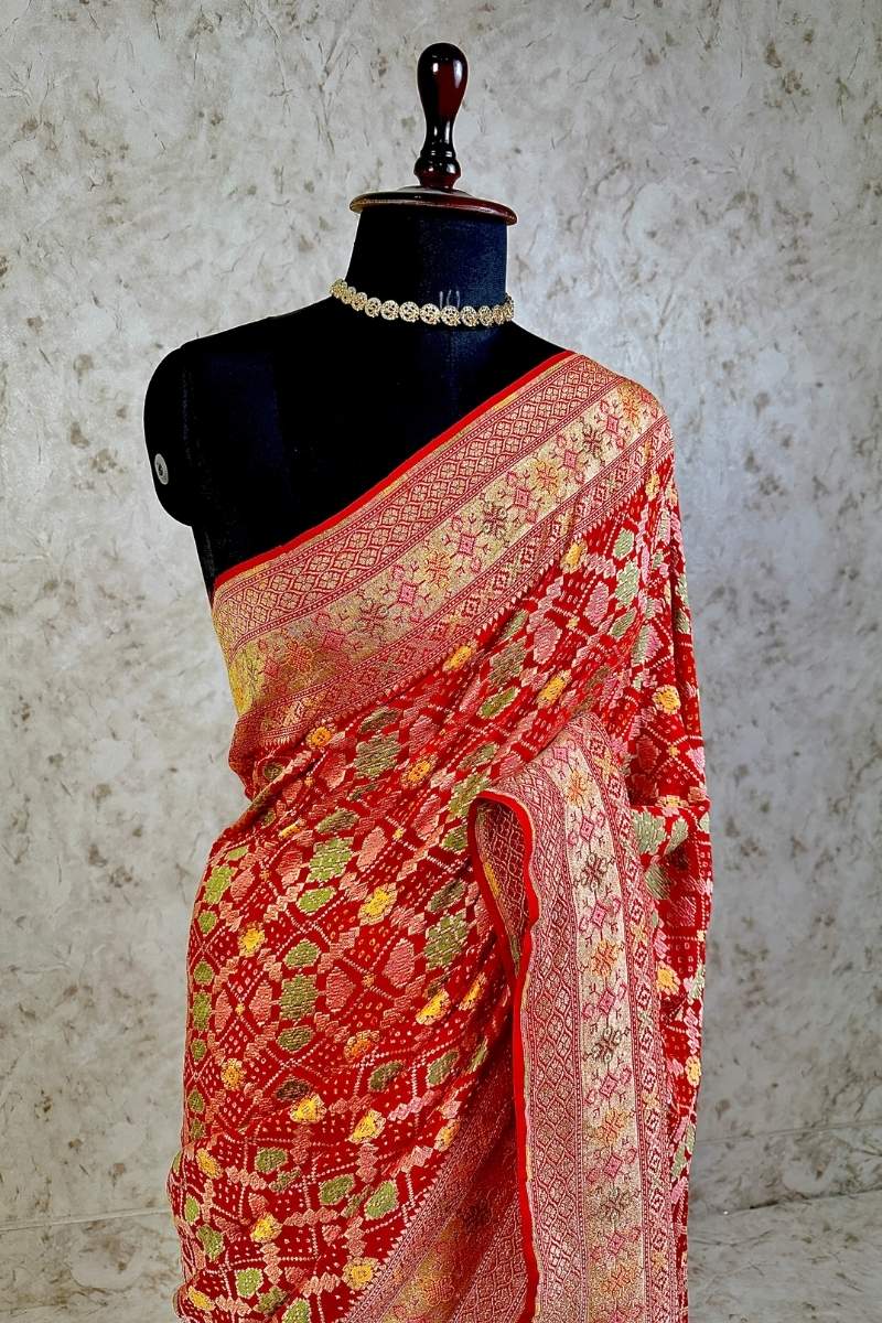 Crimson Red Pure Khaddi Georgette Bandhani Saree with Tilfi Minakari & Banarasi Zari Border