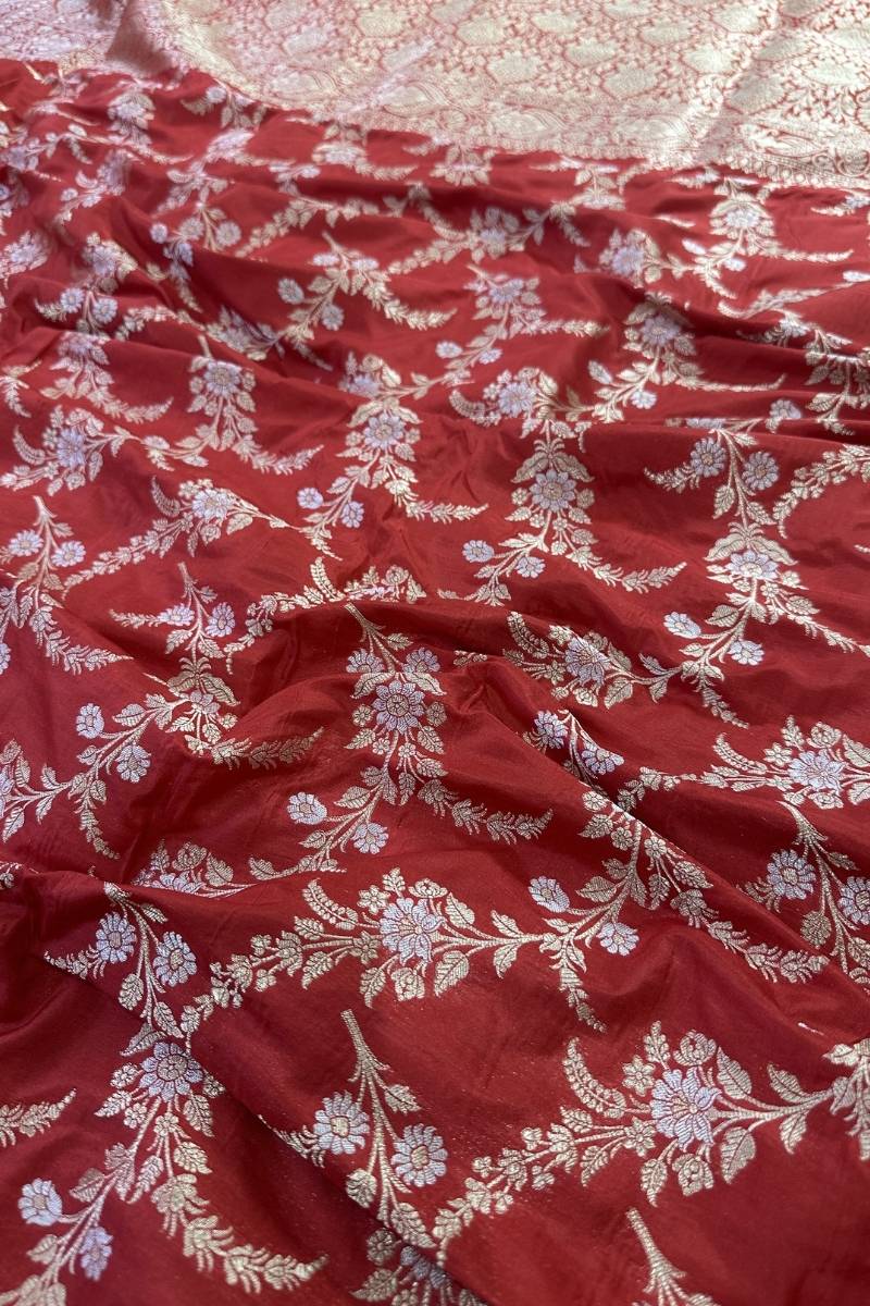 Luxurious Handloom Pure Katan Silk Banarasi Saree Sona Rupa Zari Handwoven - Katan Banaras