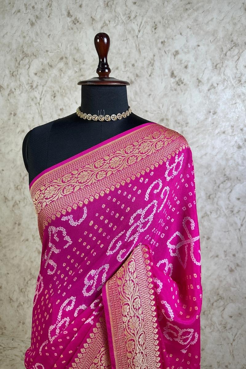 Bright Pink Pure Khaddi Georgette Bandhani Saree with Banarasi Zari Border