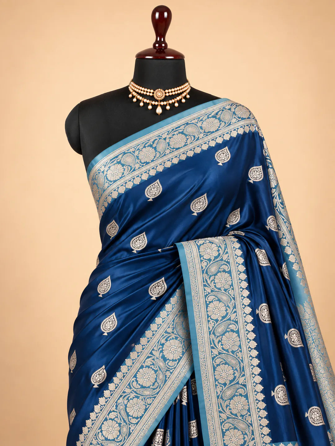Moonlit Florals — Mashru Silk Banarasi Saree in Navy Blue