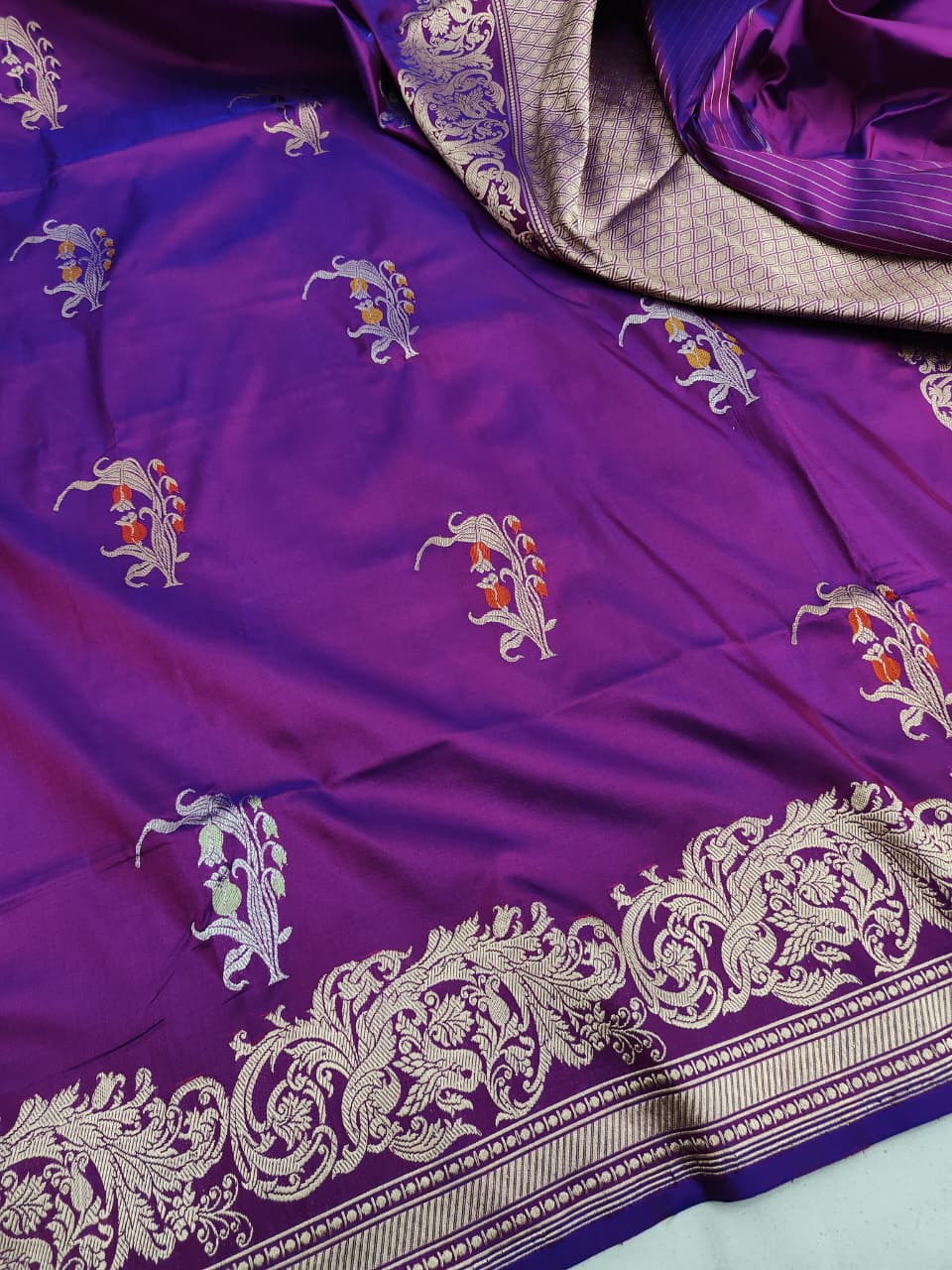 Pure Katan Silk Kadhwa Buta Banarasi Saree – Bright Purple | Sona Rupa Zari & Tilfi Minakari
