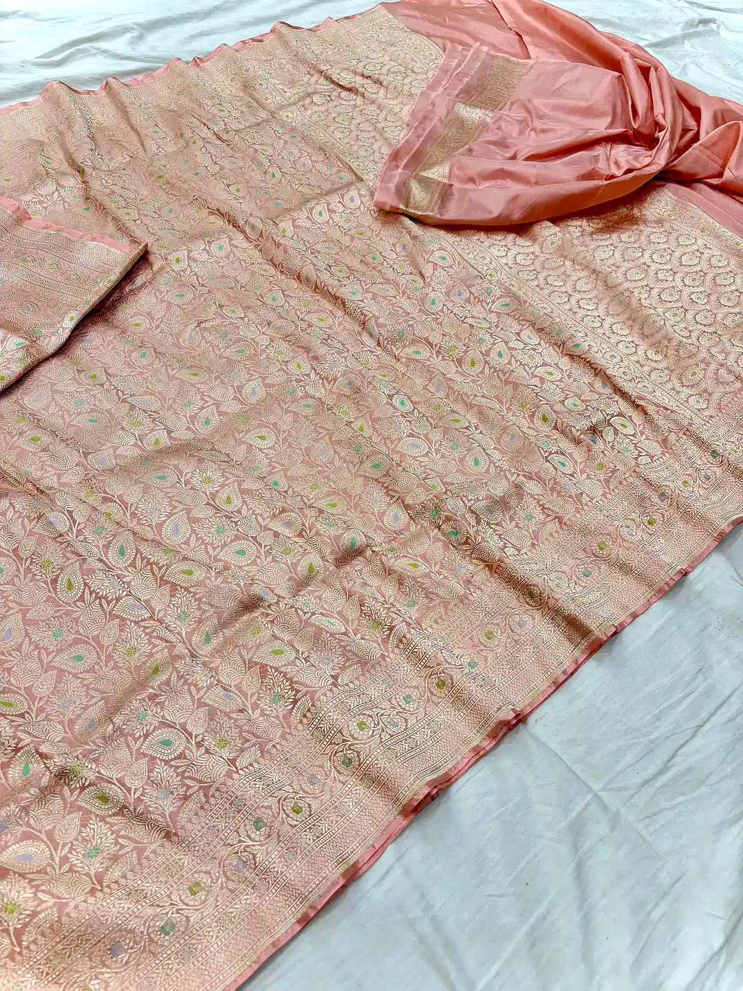 Peach Vine Whisper — Pure Katan Silk Banarasi Saree in Peach Pink