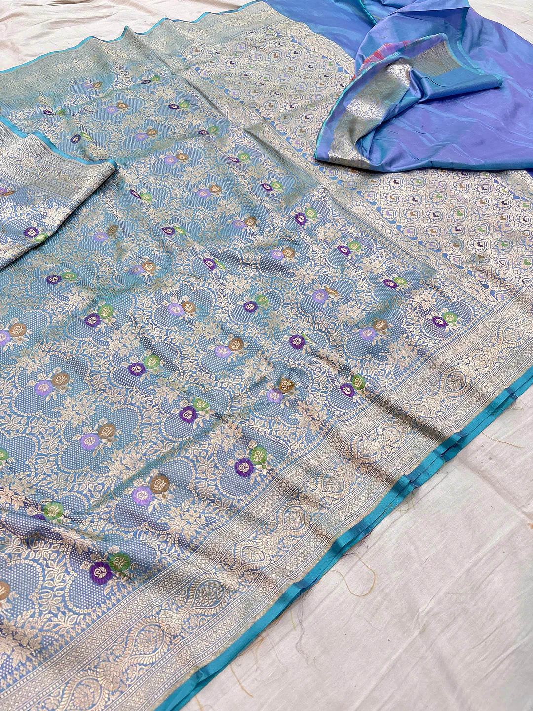 Powder Blue — Pure Katan Silk Brocade Tilfi Meena Alowar Banarasi Saree