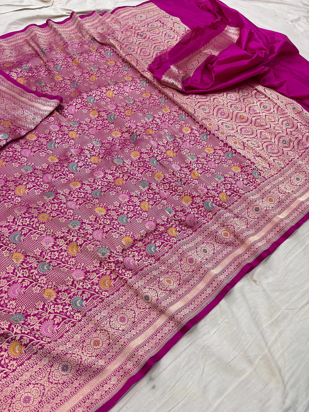 Magenta Blossom Trails — Pure Katan Silk Brocade Tilfi Meena Alowar Saree in Magenta