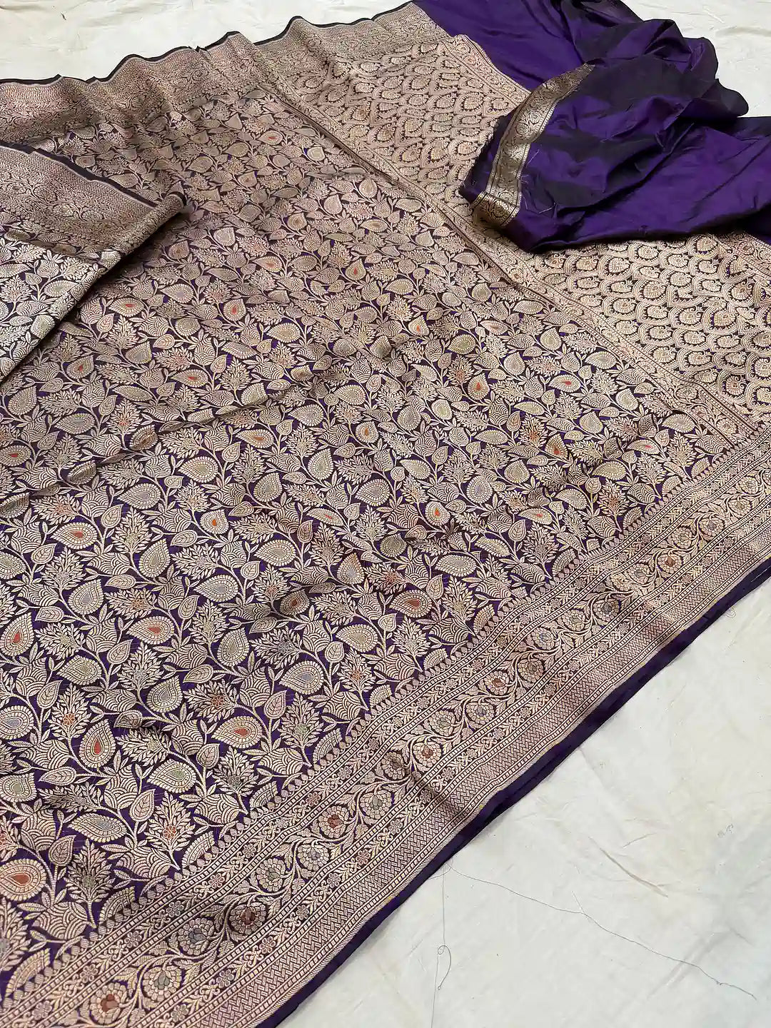 Violet Vine Tapestry — Pure Katan Silk Brocade Tilfi Meena Alowar Saree in Deep Purple
