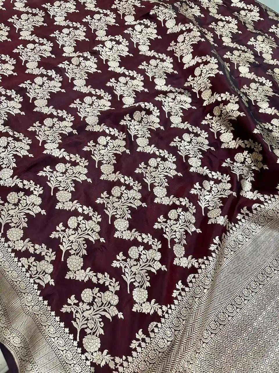 Garnet Pure Katan Silk Jaalwork Banarasi Saree – Uppada Handwoven Festive Wear