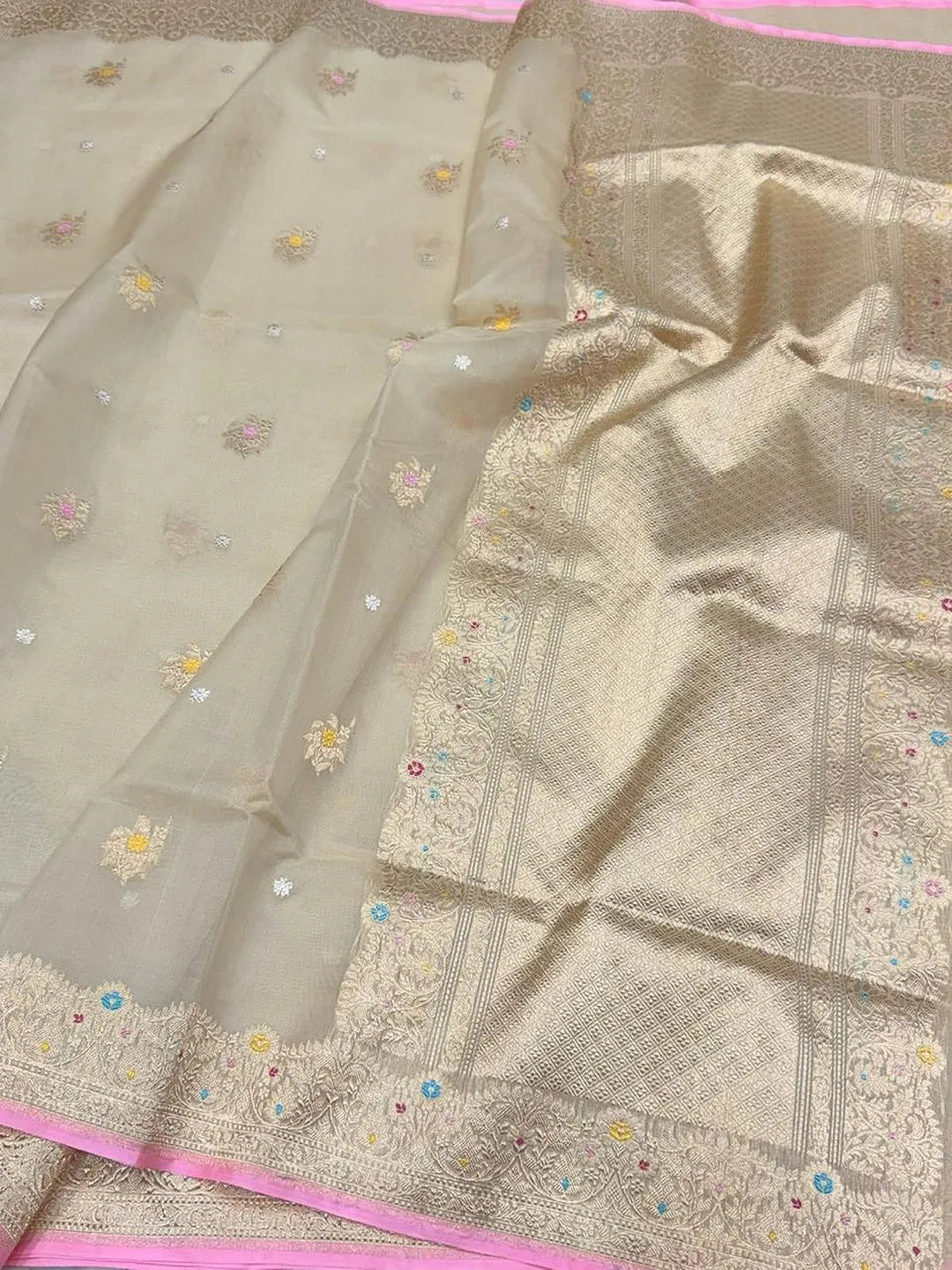 Ivory Petal Glow — Pure Kora Silk Banarasi Saree in Ivory