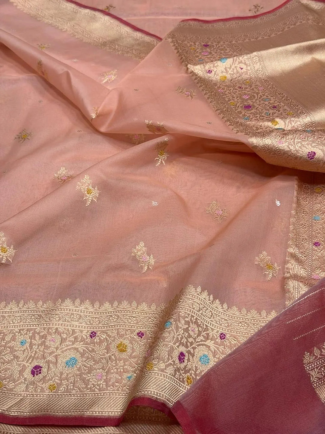 Peach Garden — Pure Kora Silk Banarasi Saree in Peach Pink
