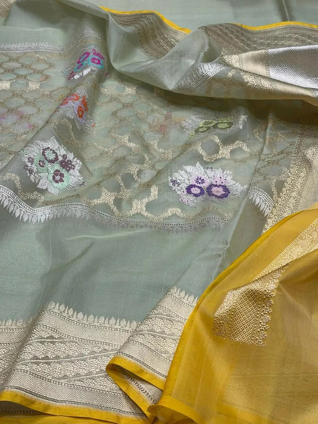 Sage Bouquet — Pure Kora Silk Banarasi Saree in Sage Green