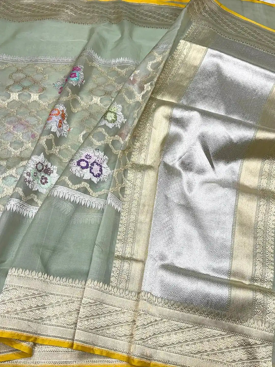Sage Bouquet — Pure Kora Silk Banarasi Saree in Sage Green