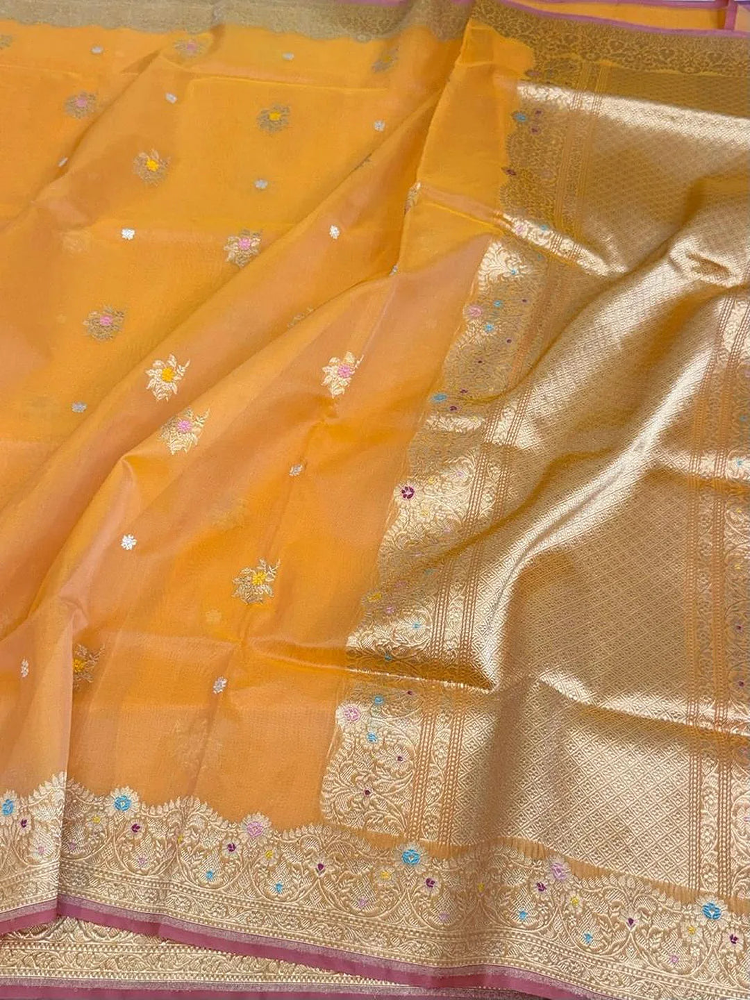Amber Blossoms — Pure Kora Silk Banarasi Saree in Golden Yellow