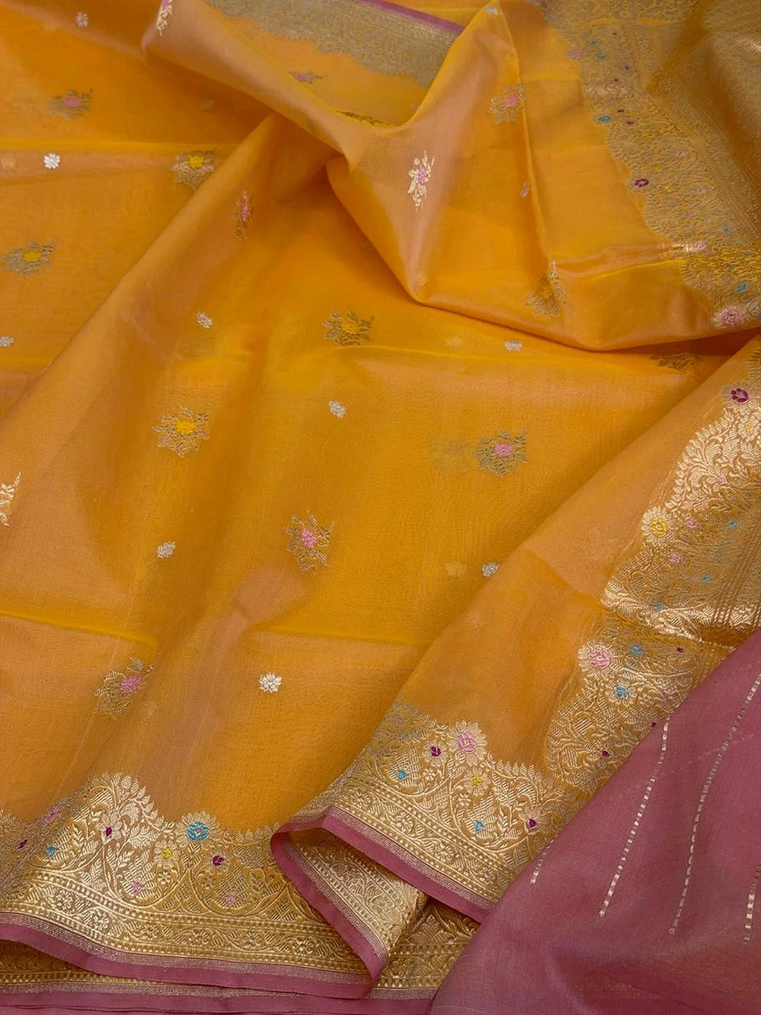 Amber Blossoms — Pure Kora Silk Banarasi Saree in Golden Yellow