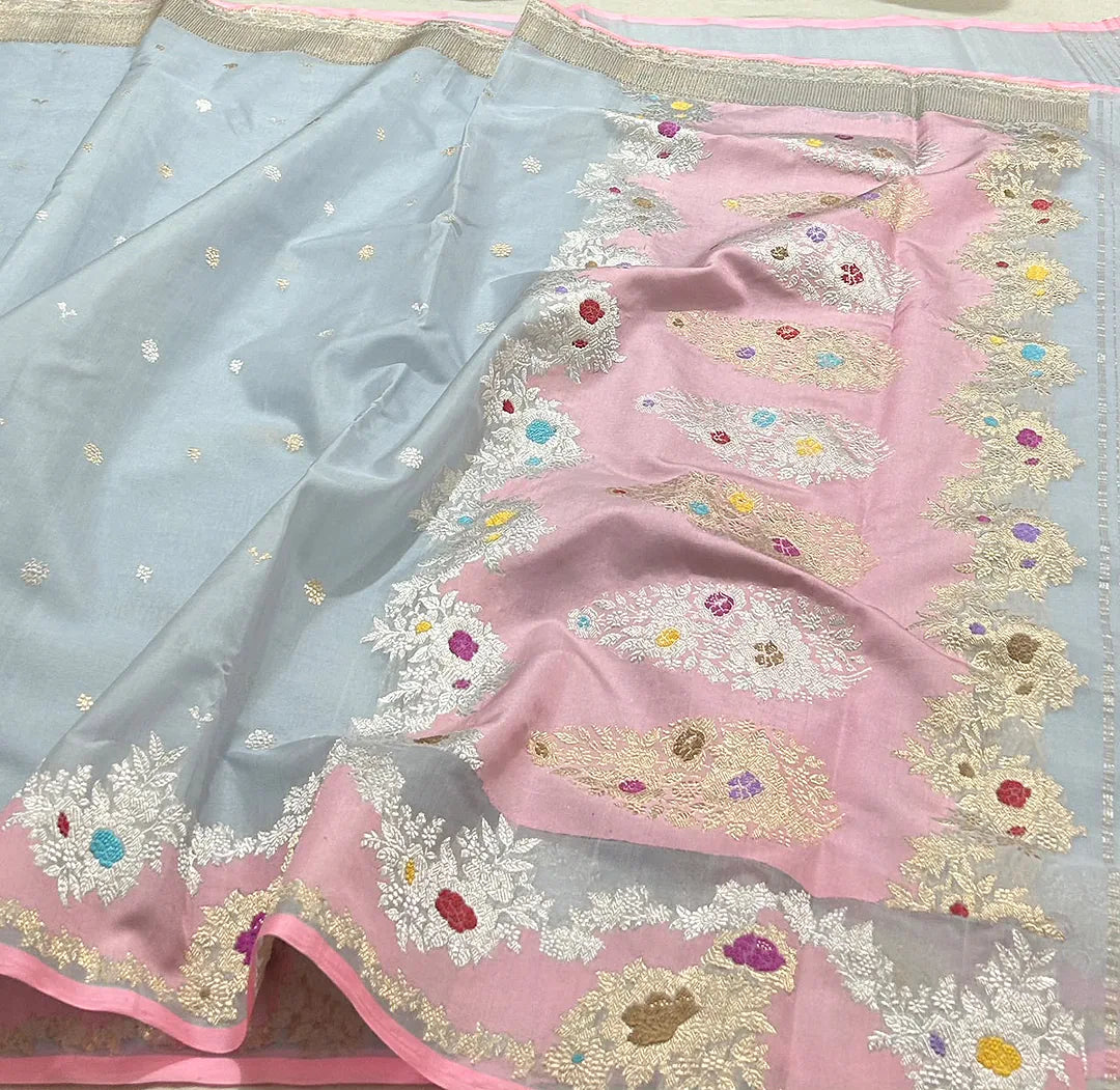 Pure Kora Silk Kadhwa Handloom Banarasi Saree in Powder Blue