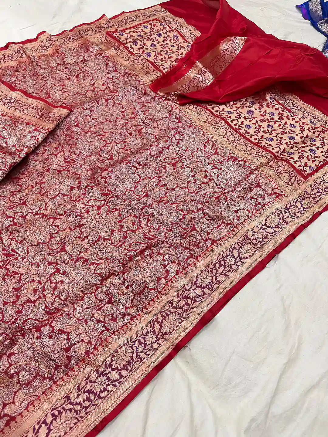 Crimson Blossom Canopy — Pure Katan Silk Brocade Tilfi Meena Alowar Banarasi Saree in Red